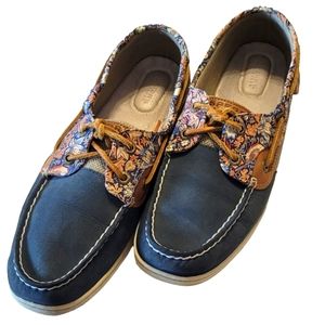 Sperry Top Sider Shoes Women's 9.5 Excellent Condition Navy Leather Floral
